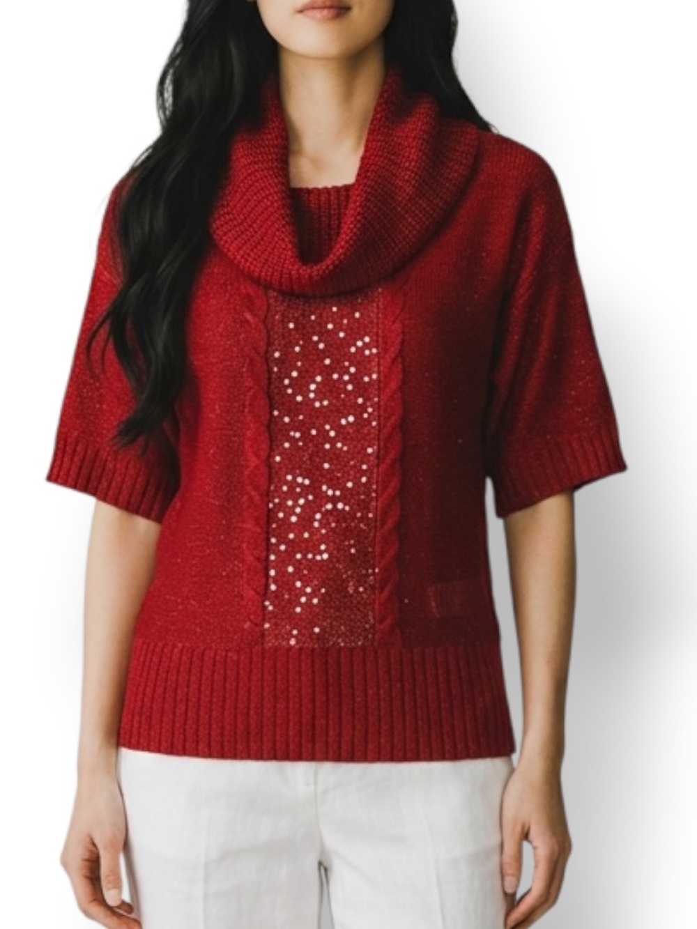 4/$20 Gloria Vanderbilt Petite Large Red Sequin Cowl Neck Short Sleeve Sweater